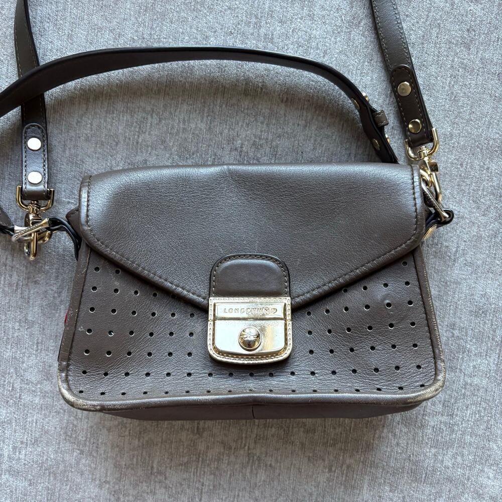 $650 Longchamp Mademoiselle Perforated Brown Crossbody Leather Handbag - Picture 2 of 9